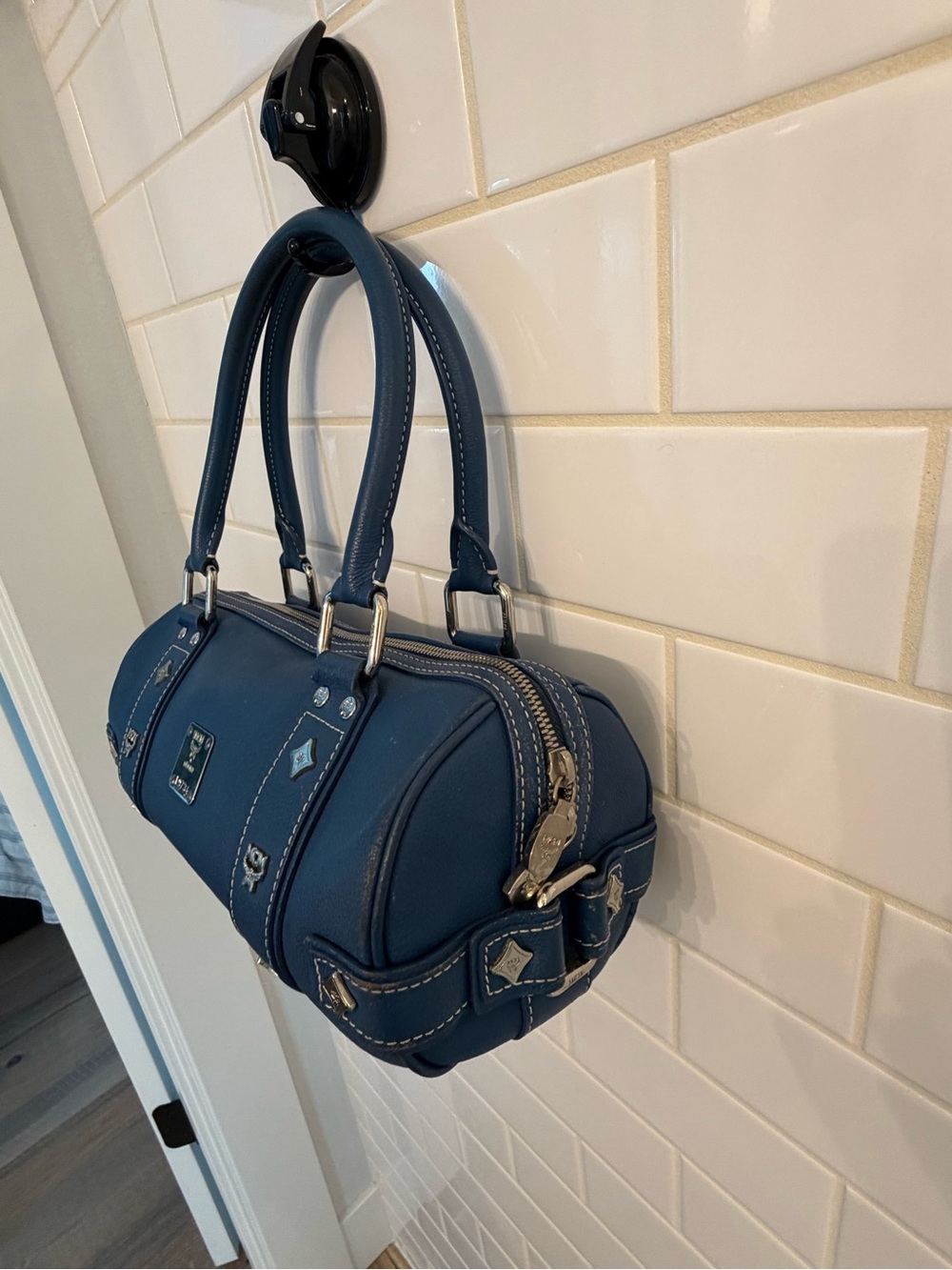 MCM Navy Blue Leather Barrel Shoulder Bag with Silver Hardware - Picture 5 of 6